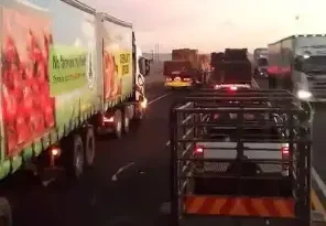 Trucks block the N3 near Harrismith as local South African drivers protest employment of foreign truck drivers